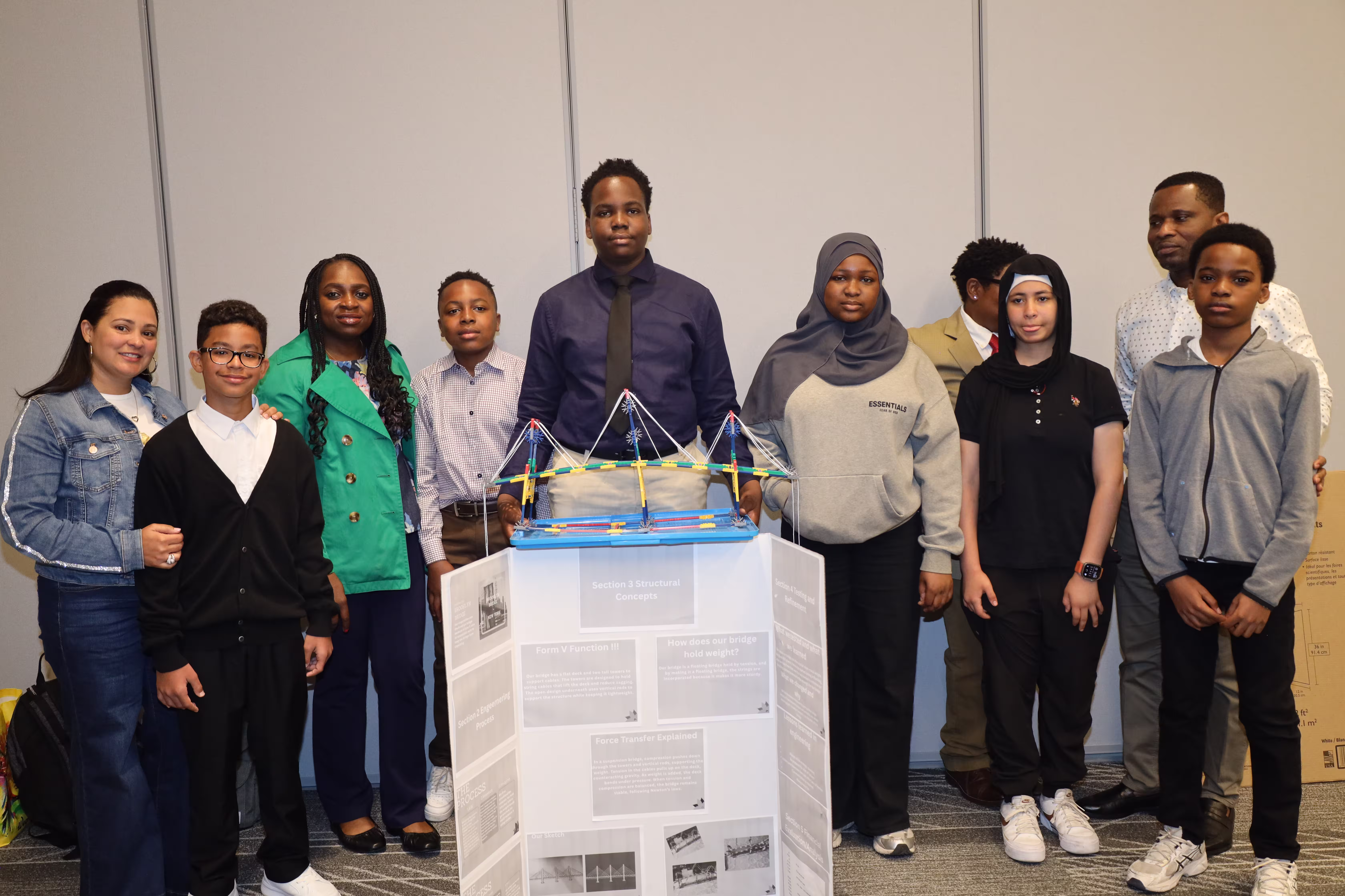 Hillside Innovation Academy students presenting bridge prototypes at Stevens Institute of Technology